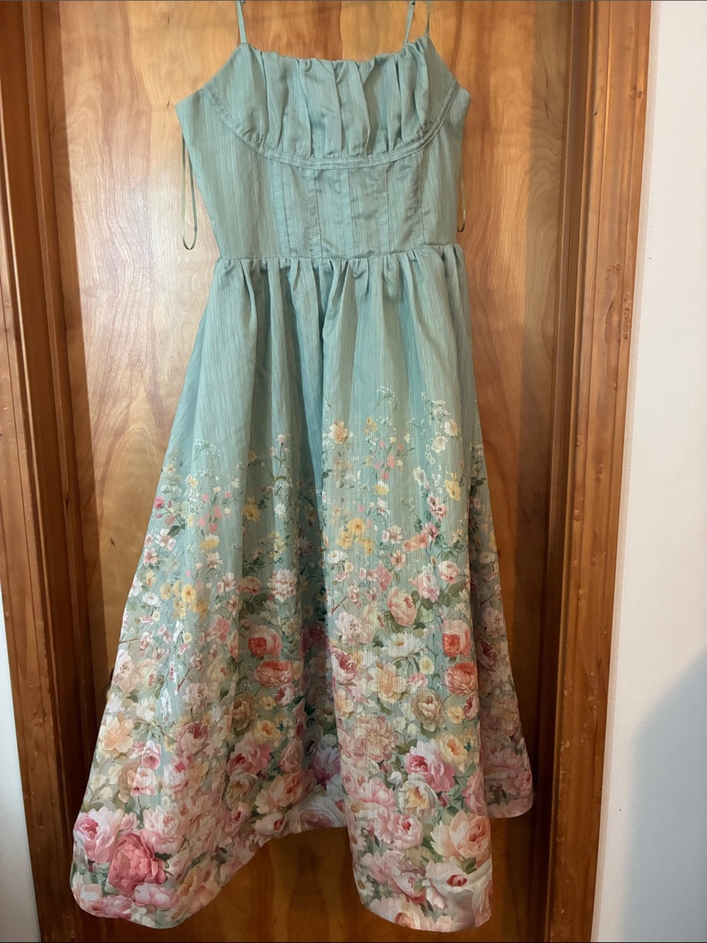 Seafoam Green Floral Midi Dress with Spaghetti Straps